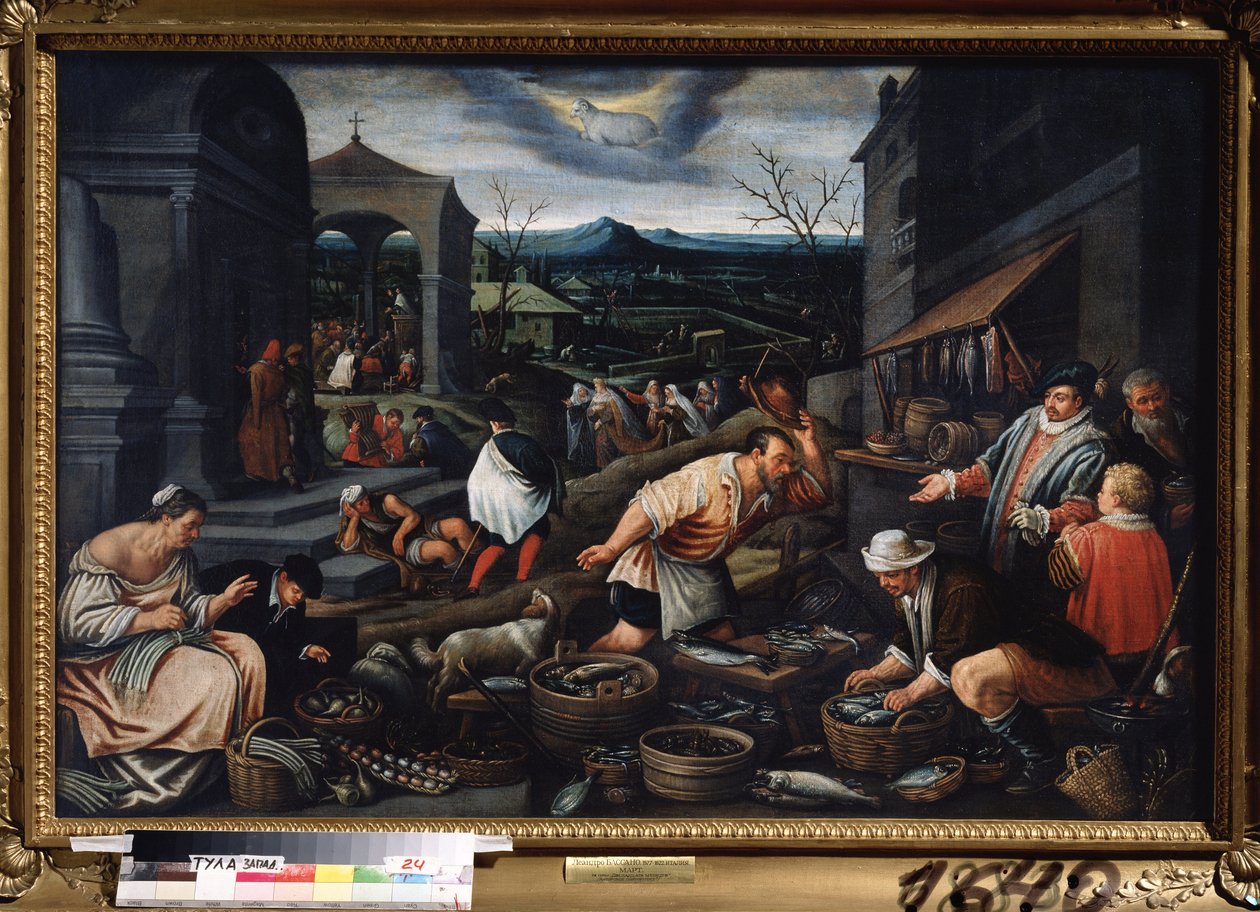 ""Měsíc březen"" (březen) Scéna rybího trhu. Symbol znamení Berana na obloze. obraz od Leandra Bassano da Ponte (1557-1622) Rozměr 80x121 cm Státní muzeum umění Tula Rusko od Leandro da Ponte Bassano