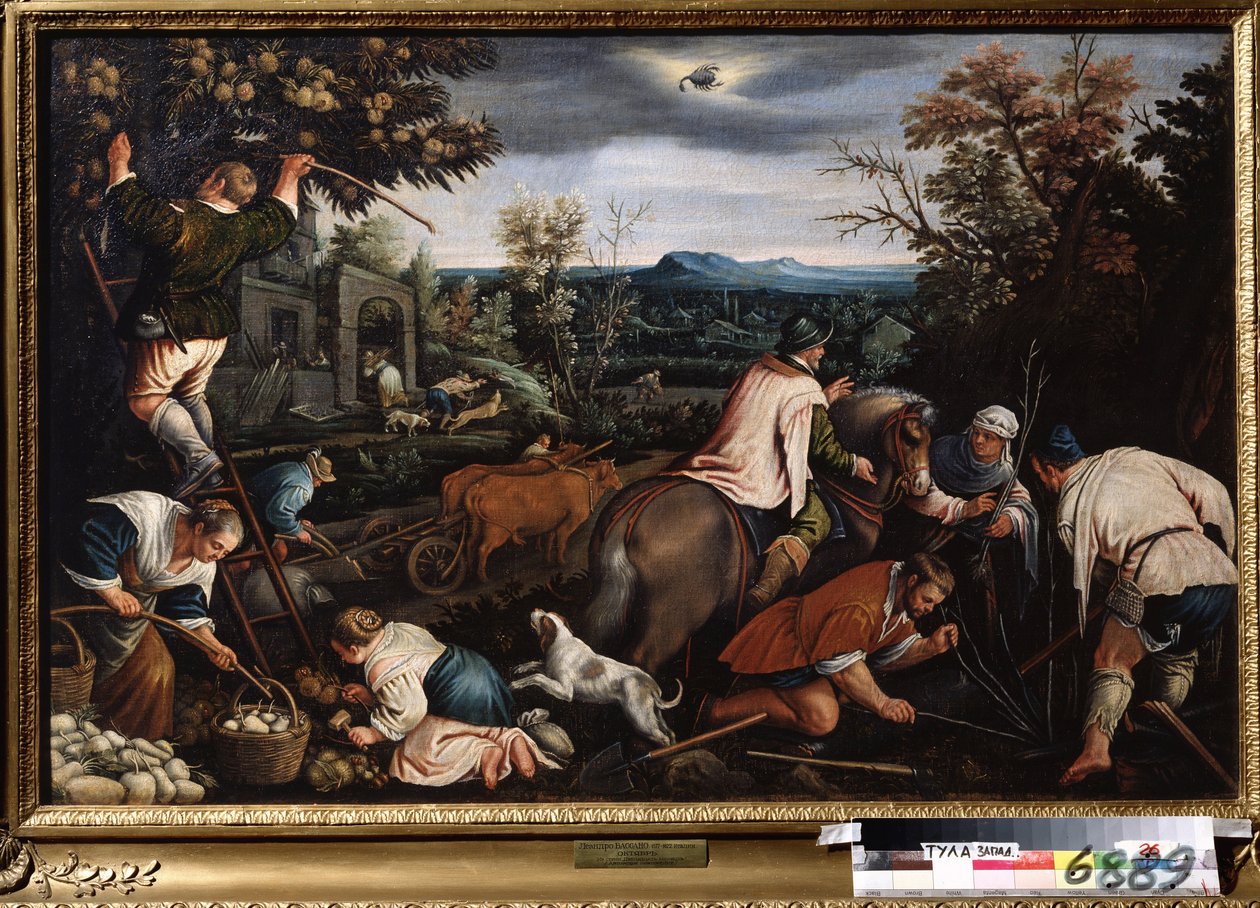 ""Měsíc říjen"" (říjen) Práce na polích. Zemědělci sázejí stromy. Symbol znamení štíra na obloze. Obraz Leandra Bassano da Ponte (1557-1622) 1595-1600 Státní muzeum umění Tula Rusko od Leandro da Ponte Bassano