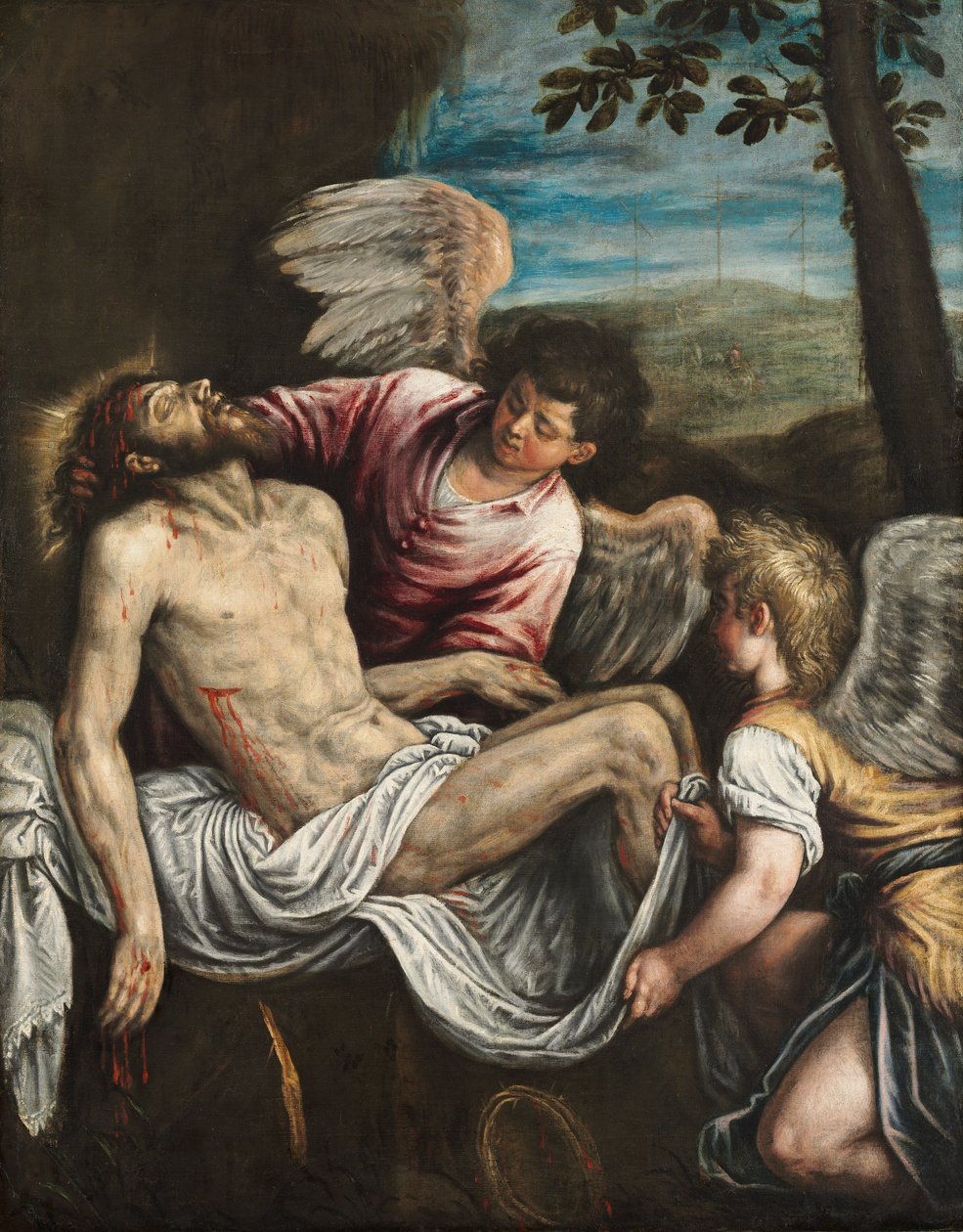 Mrtvý Kristus s anděly, c. 1580 (olej na plátně) od Leandro da Ponte Bassano