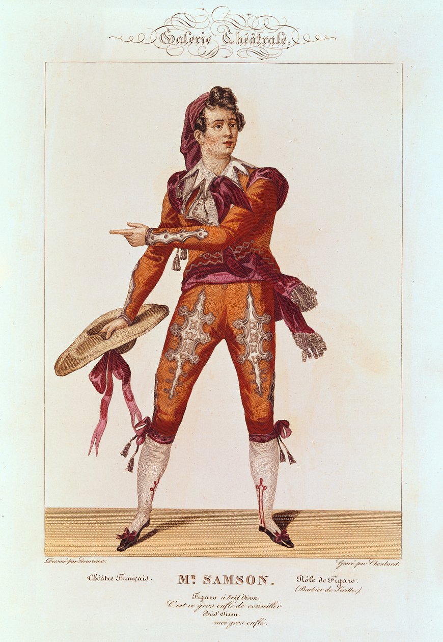 Joseph Isidore Samson (1793-1871) v roli Figara ve filmu Lazebník sevillský, vyrytý Choubardem (fl. 1810-30) od Lecurieux