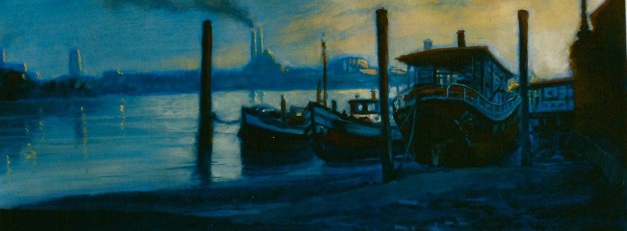 Chelsea Dusk 2002 (olej na papíře) Temžské obytné lodě od Lee Campbell