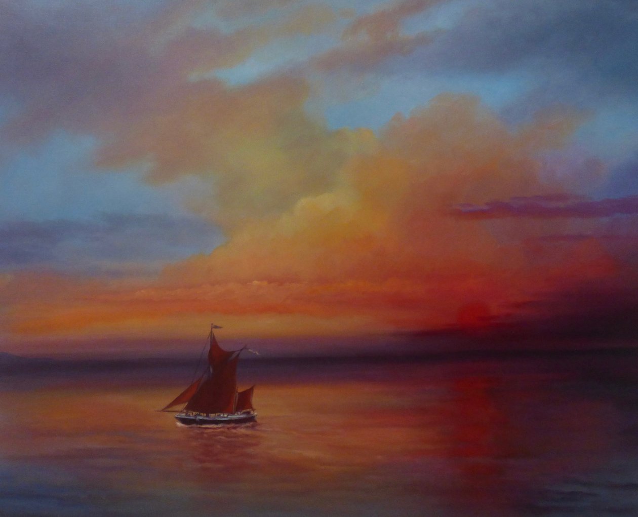 Red Sails – Thames Barge na plných plachtách, 2022 (olej na plátně) od Lee Campbell