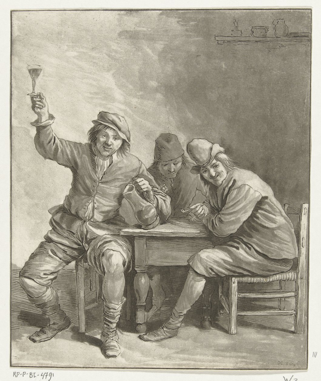 Tři muži kouří a pijí u stolu od Leendert Brasser (signed by artist)