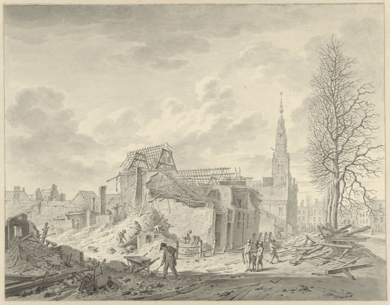 Pohled na Rapenburg v Leidenu po katastrofě střelného prachu 12. ledna 1807 od Leendert Overbeek