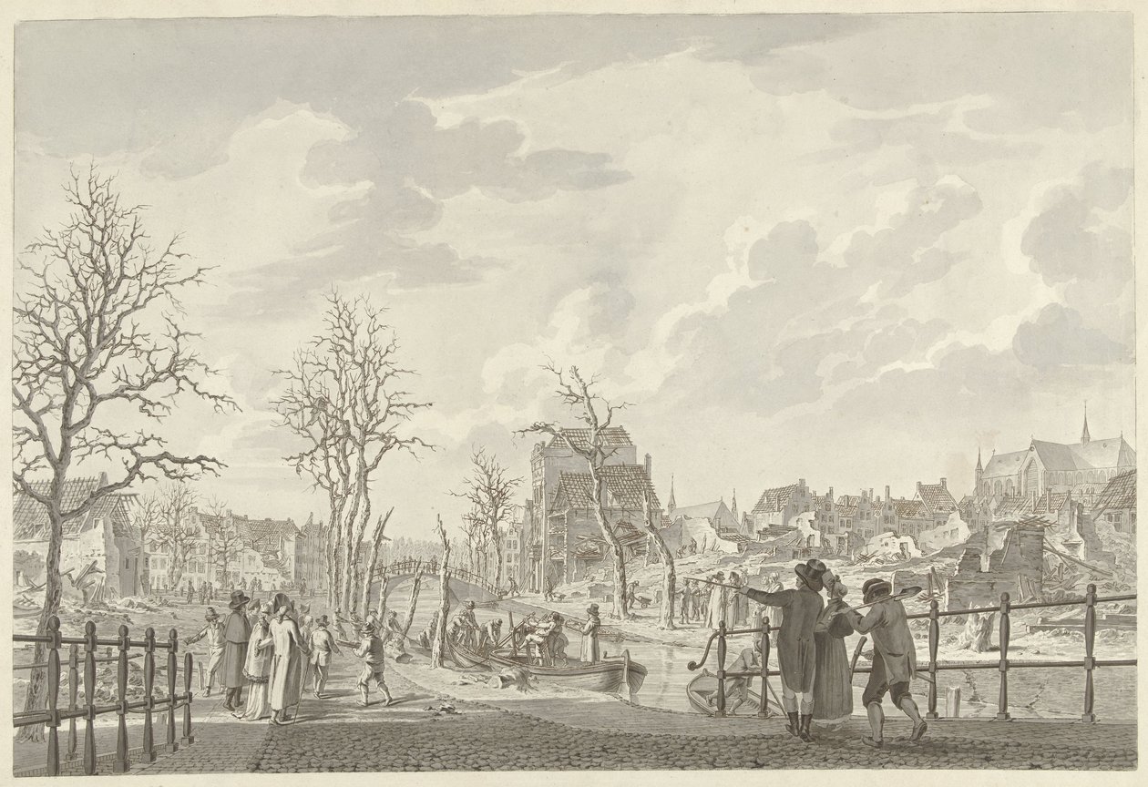 Ruiny na Rapenburg v Leidenu, po katastrofě střelného prachu 12. ledna 1807 od Leendert Overbeek