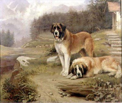 Dva St. Bernards v alpské krajině od Leghe Suthers