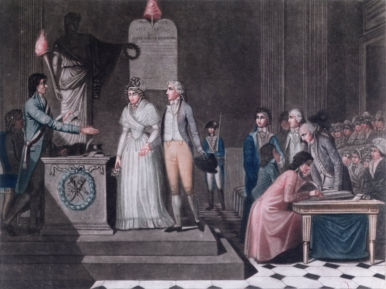 Starosta provádějící republikánský sňatek během období Francouzské revoluce, cca 1795 (barevná rytina) od Legrand