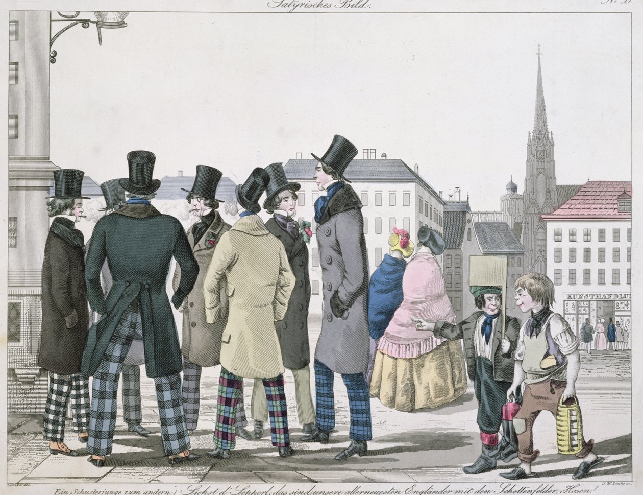 Elegantní muži ve skotských kalhotách v ulicích Vídně, vyryto J. W. Linkem, kolem roku 1840 od Lempis