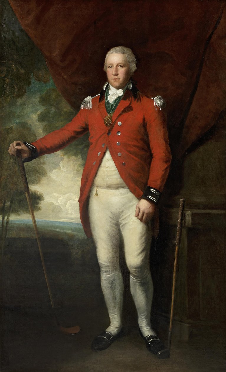 Portrét Henryho Callendera stojícího v krajině v oblečení kapitána generála golfového klubu Blackheath od Lemuel Francis Abbott