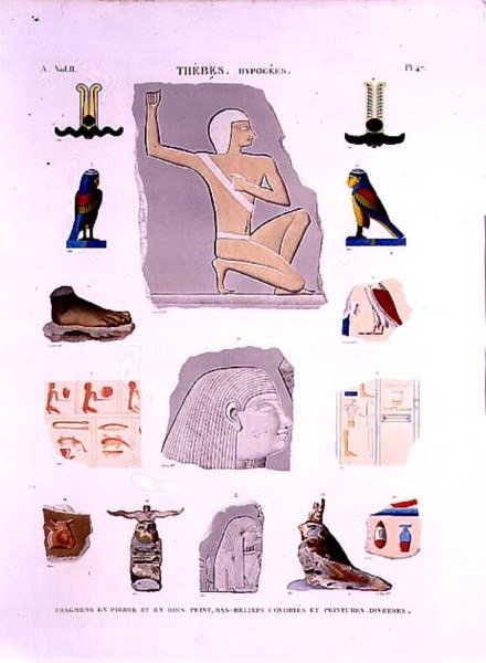 Ilustrace malovaných reliéfů na kameni a dřevěných fragmentech Hypogees, Thébská deska 47 ze svazku II `Descriptions of Egypt`, vyryl LeRoy od Lenoir (after)
