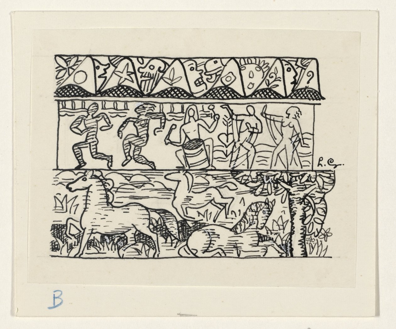 Koně, tančící lidé a masky od Leo Gestel (signed by artist)