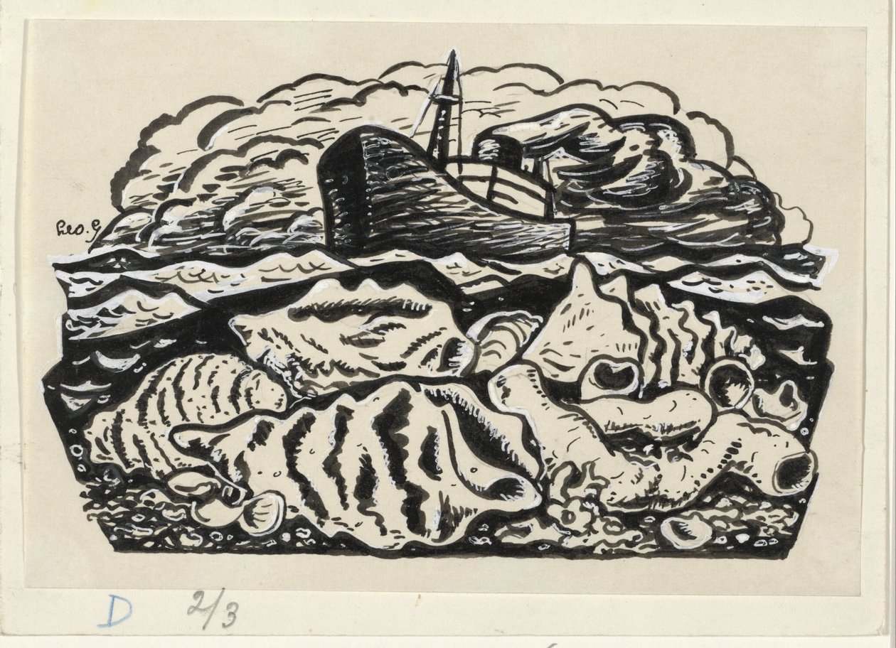 Parník na moři s mušlemi na pláži od Leo Gestel (signed by artist)