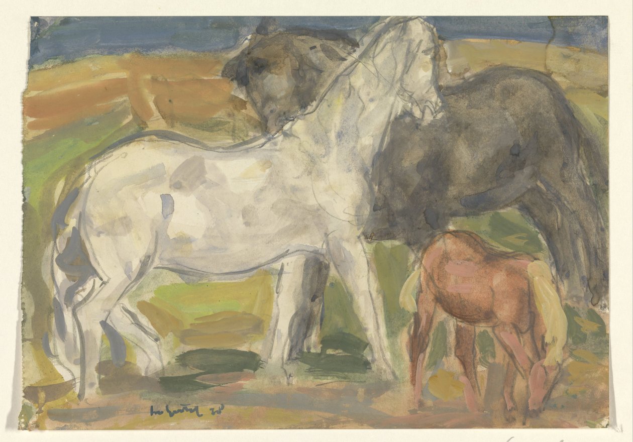 Dva koně a hříbě v krajině od Leo Gestel (signed by artist)