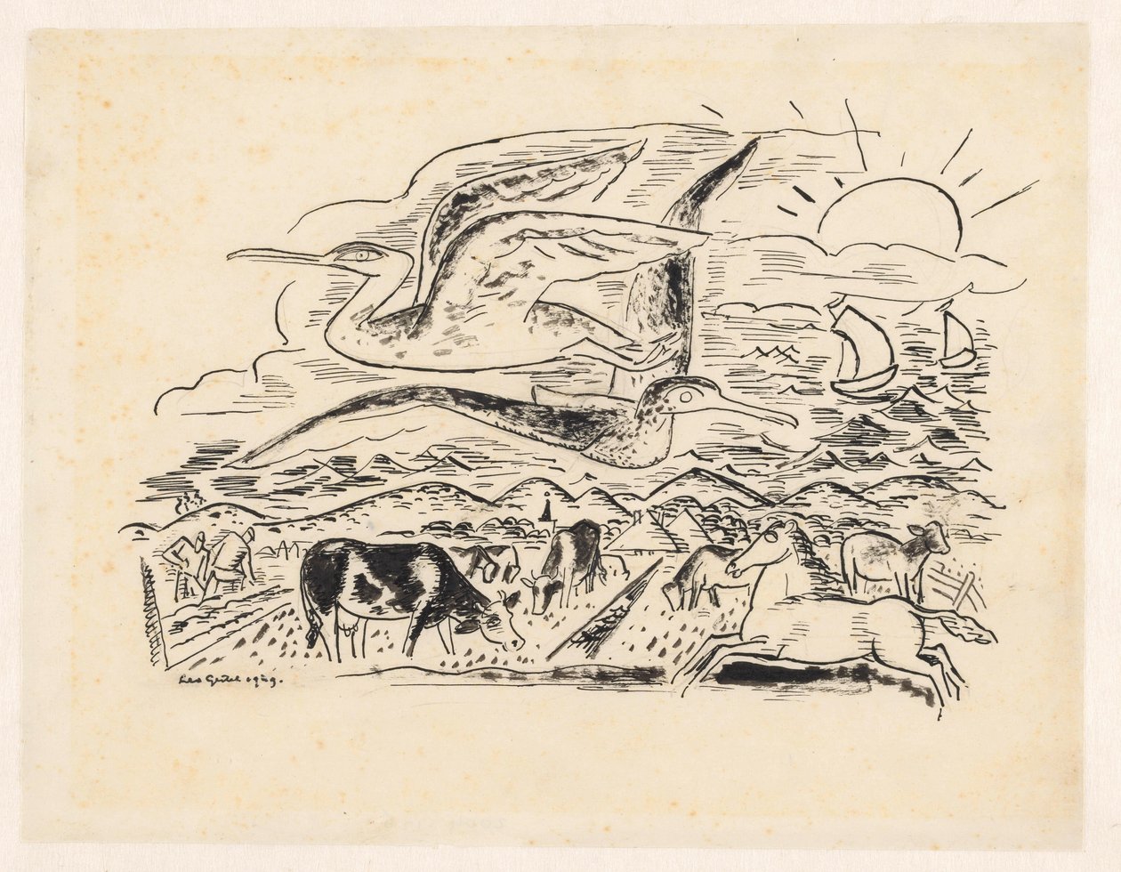 Dva ptáci létají nad krajinou s dobytkem od Leo Gestel (signed by artist)