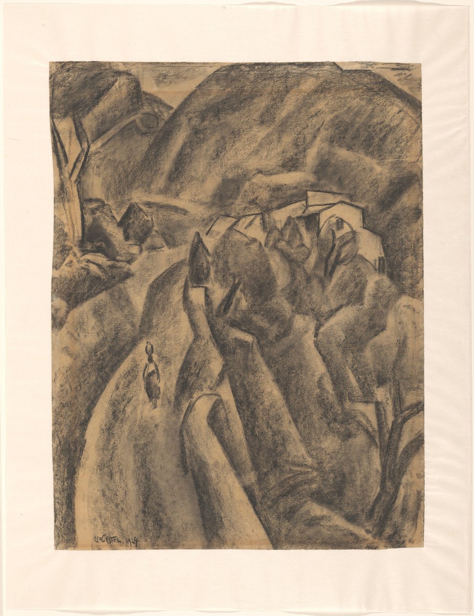 Žena s džbánem na hlavě na silnici přes vysoké hory od Leo Gestel (signed by artist)