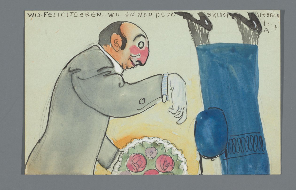Postkarte mit einer Zeichnung des Unterkörpers von An Overtoom und Oberkörpers von Leo Gestel mit Blumenstrauß od Leo Gestel