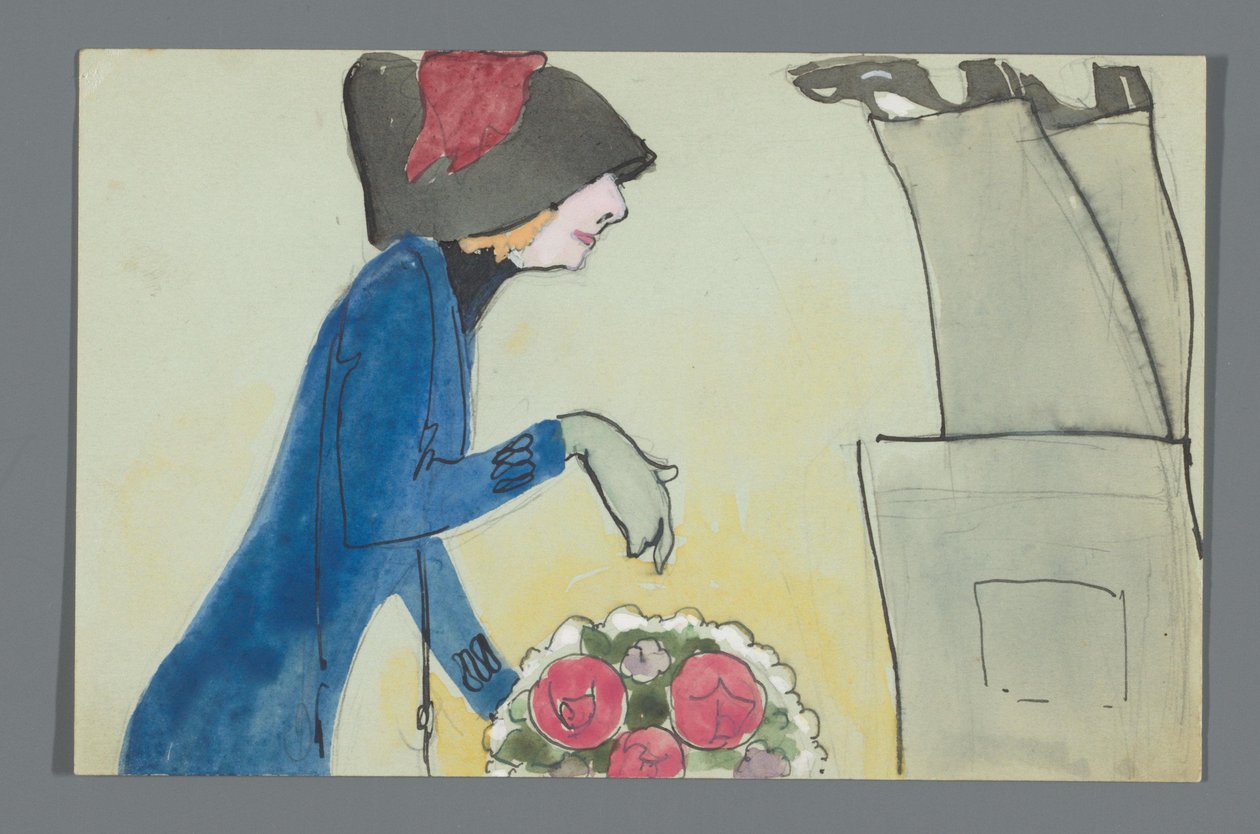 Postkarte mit einer Zeichnung des Unterkörpers von Leo Gestel und Oberkörpers von An Overtoom mit Blumenstrauß od Leo Gestel