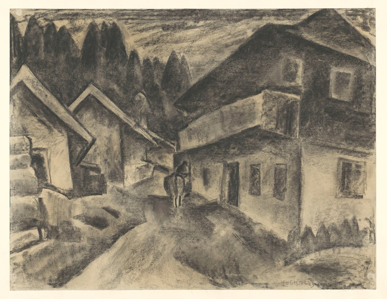 Pohled na vesnici s mužem s krávou na vesnické silnici od Leo Gestel