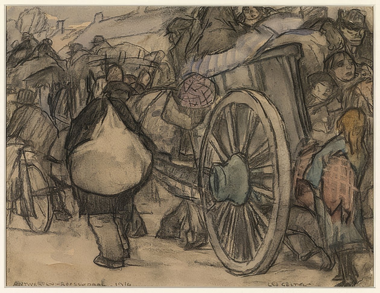 Flüchtlinge auf dem Weg von Amsterdam nach Roosendaal (Uprchlíci na cestě z Antverp do Roosendaalu). 1914 od Leo Gestel