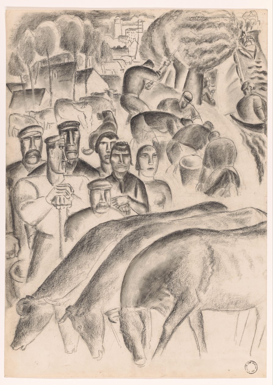 Pasoucí se krávy, farmáři a dělníci na půdě od Leo Gestel