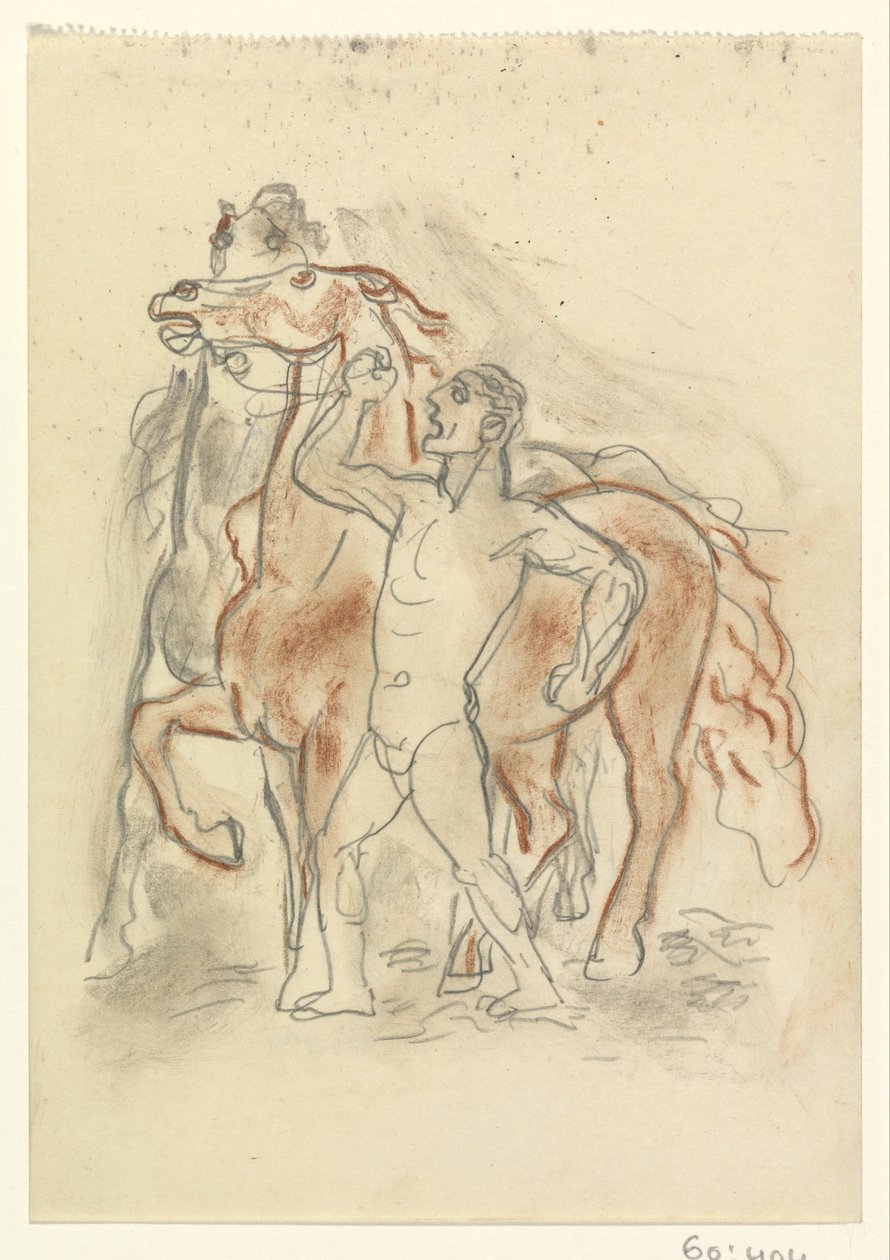 Nahý muž drží dva koně v šachu od Leo Gestel