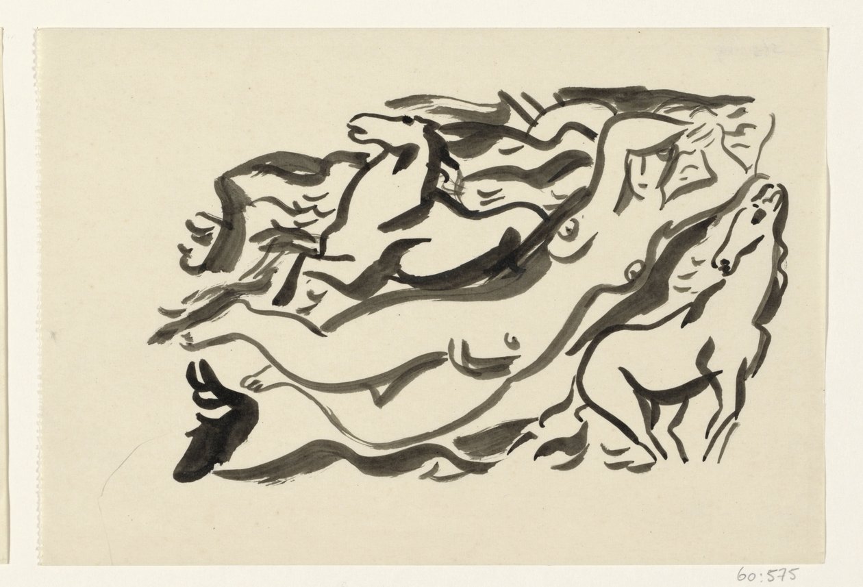 Nahá žena a dva koně v moři od Leo Gestel