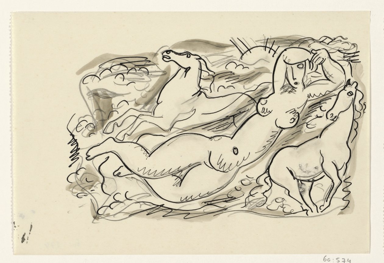 Nahá žena a dva koně v moři od Leo Gestel