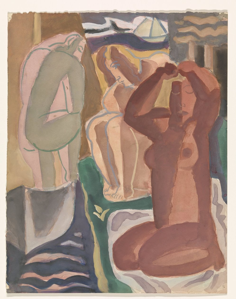 Dvě koupající se ženy a postava na zádech od Leo Gestel