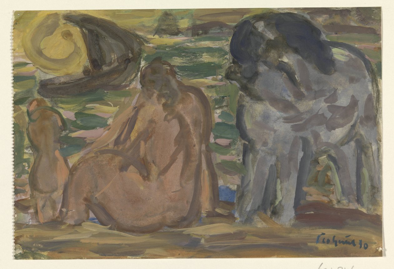 Dvě nahé postavy a kůň u moře od Leo Gestel