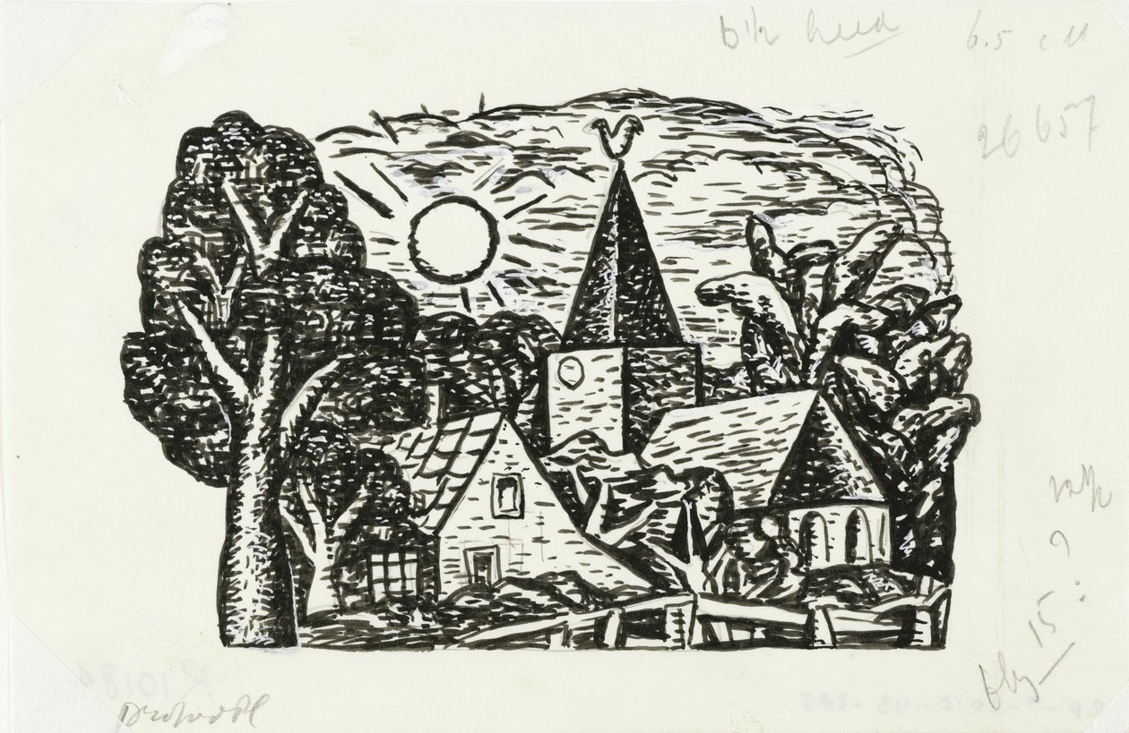 Vignette pro Gestelův životopis od Prof. W. van der Pluym Bez názvu (Pohled na vesnici s kostelem a sluncem, viněta na životopis Gestel od prof. W. van der Pluyma) od Leo Gestel