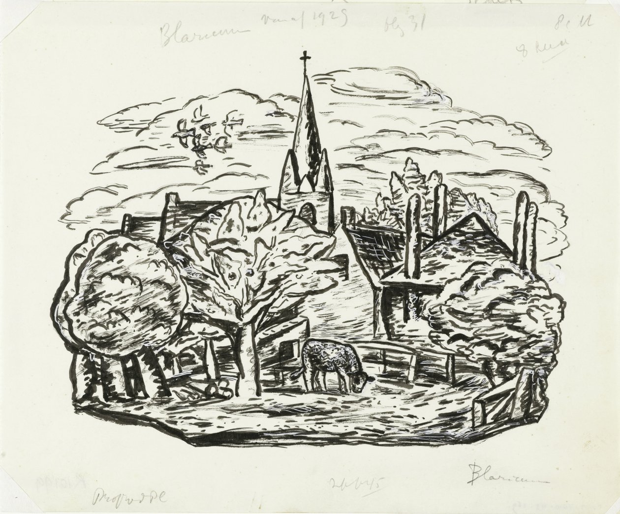 Vignette pro Gestelův životopis od Prof. W. van der Pluym Bez názvu (Pohled na vesnici Blaricum s pasoucí se krávou) od Leo Gestel