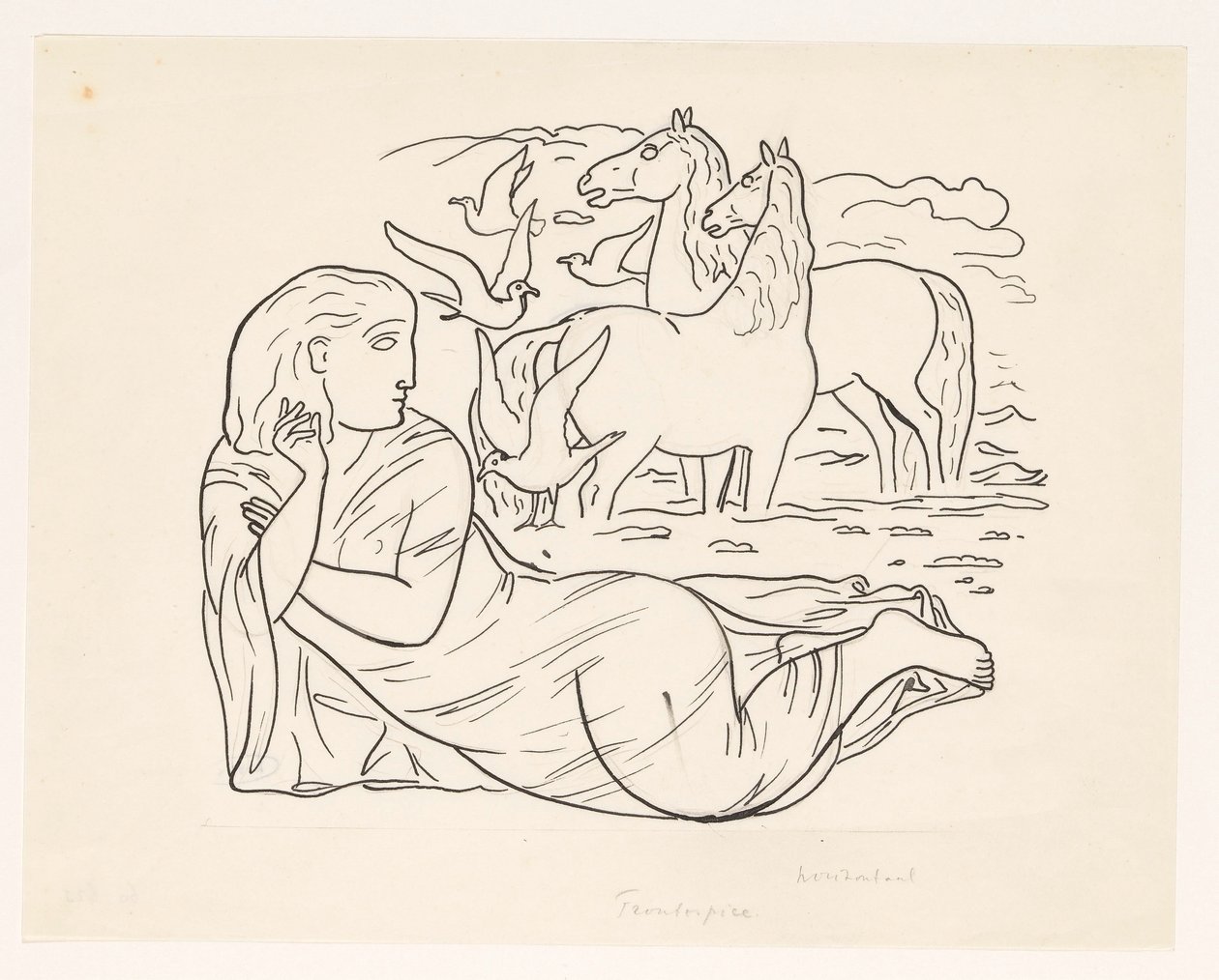 Žena ležící na pláži se dvěma koňmi a některými racky od Leo Gestel