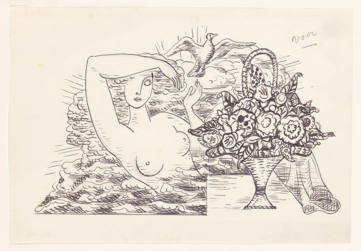 Ženský akt ve vlnách vypouštějící ptáka, v popředí košík květin od Leo Gestel
