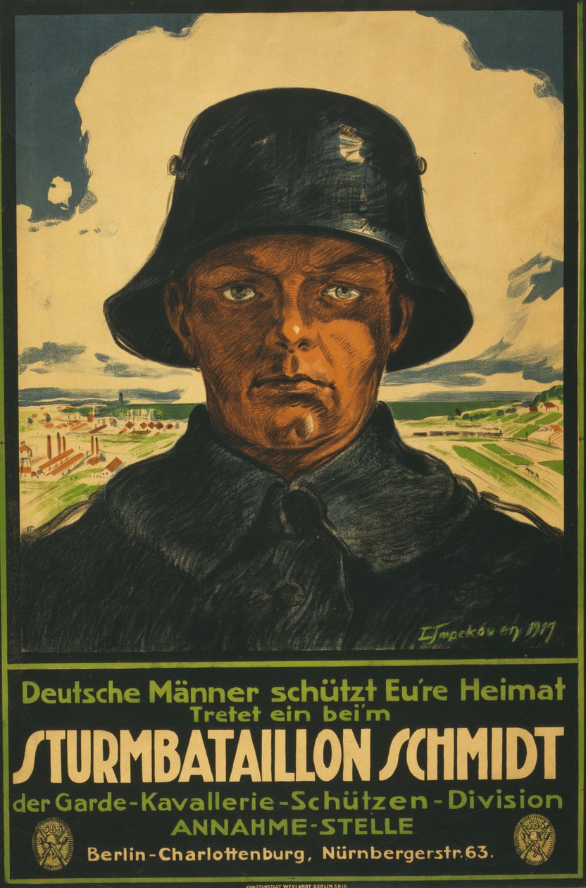 útočný prapor Schmidt; Němečtí muži otřásají vaší vlastí! 1919 (barevná litografie) od Leo Impekoven
