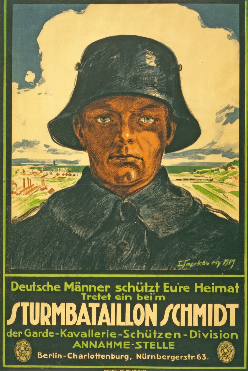 Bouřkový prapor Schmidt; Němečtí muži vylévají vaši vlast! Vstupte do ... hospody. Berlín, 1917 od Leo Impekoven