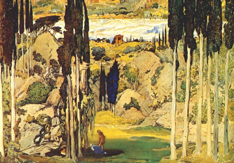 Scéna pro světovou premiéru baletu Daphnis et Chloe od Maurice Ravela, Parisn od Leon Bakst
