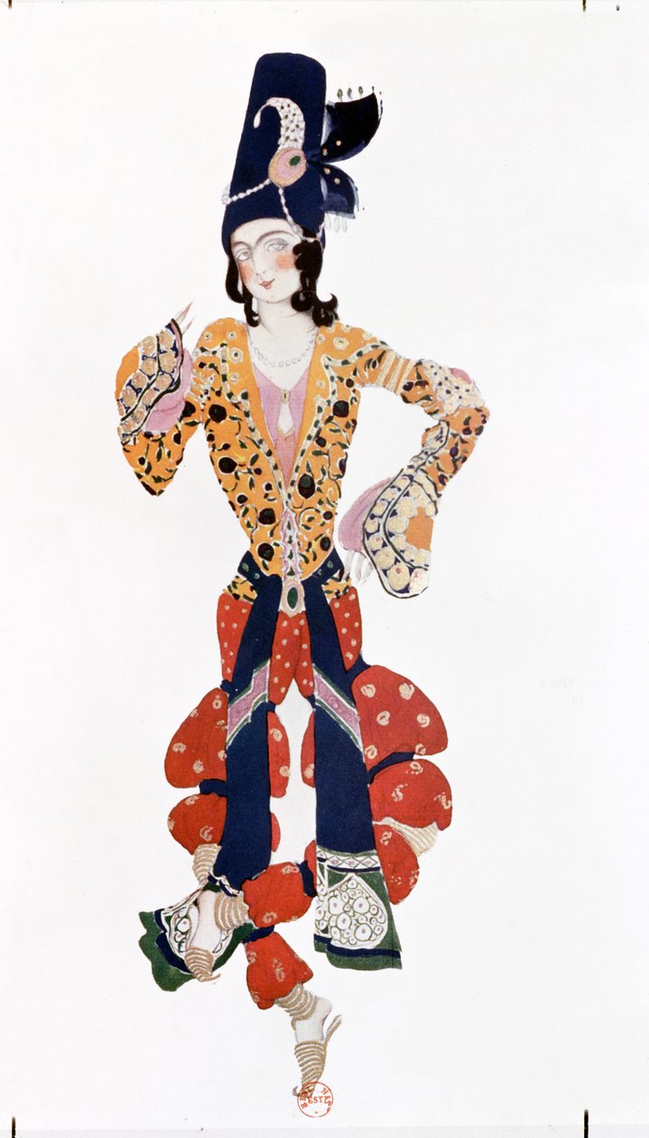 Kostým pro Nižinského (1890-1950) v baletu „Šeherezáda“ od Rimského-Korsakova (1844-1908) v choreografii Michela Fokina (1880-1942) 1910 od Leon Bakst