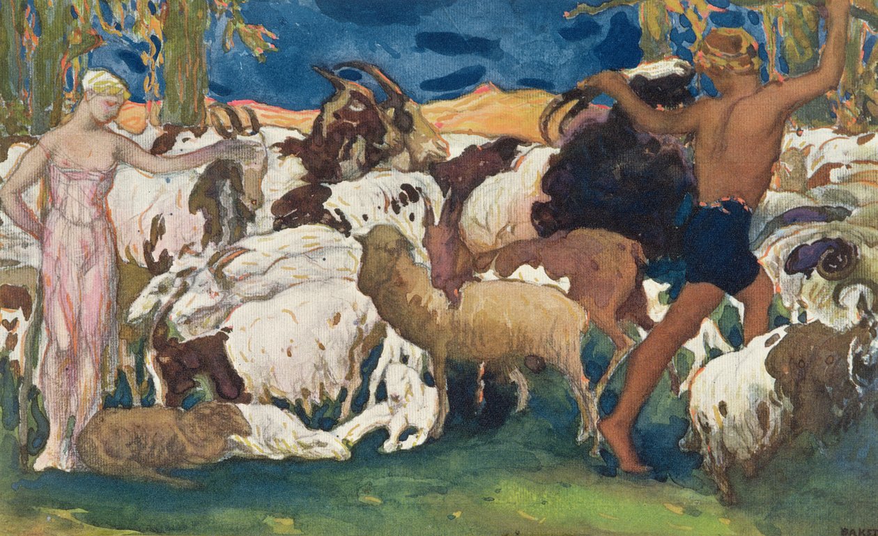 Dafnis a Chloe si navzájem dávají dobrou noc, návrh dekorativního panelu, od Daphnis a Chloe, kolem roku 1912 od Leon Bakst