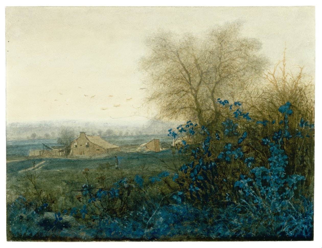 Krajina s farmou a rolníkem kolující mohylu, 1865 (Wc zvýrazněná kvašem, perem a sépiovým inkoustem přes grafit s tupováním na papíře) od Léon Bonvin
