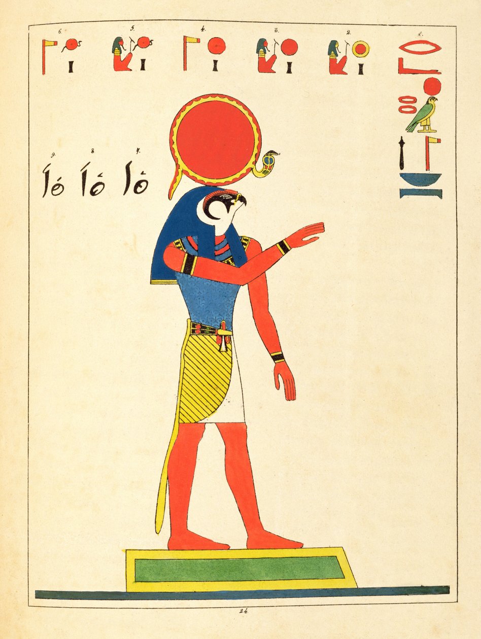 Bůh Re, ilustrace z egyptského Pantheonu: kolekce des personnages mythologiques de lAncienne Egypte od Jean-Francoise Champolliona, vydaná 1823-25 od Leon Jean Joseph Dubois