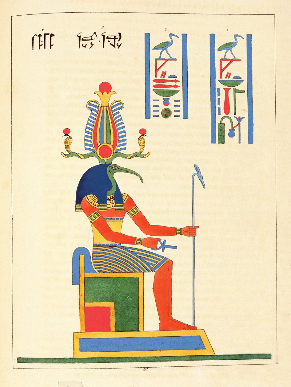 Bůh Thoth, ilustrace z egyptského Pantheonu: sbírka des personnages mythologiques de lAncienne Egypte od Jean-Francoise Champolliona, vydaná 1823-25 od Leon Jean Joseph Dubois