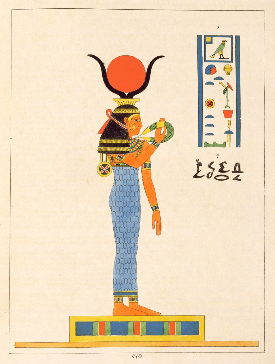 Bohyně Hathor, ilustrace z egyptského Pantheonu: sbírka des personnages mythologiques de lAncienne Egypte od Jean-Francoise Champolliona, vydaná 1823-25 od Leon Jean Joseph Dubois