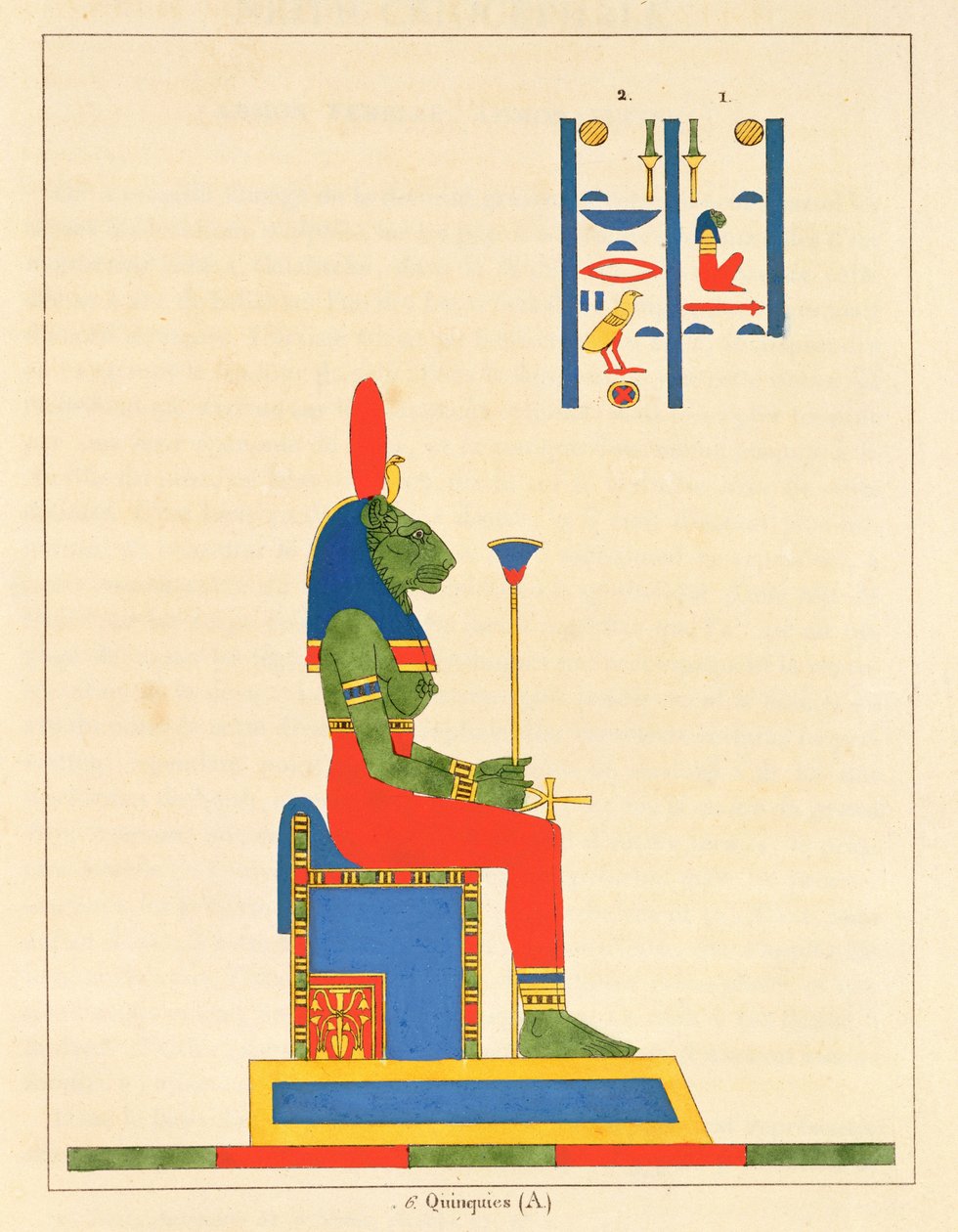 Bohyně Sekhmet, ilustrace z egyptského Pantheonu: sbírka des personnages mythologiques de lAncienne Egypte od Jean-Francoise Champolliona, vydaná 1823-25 od Leon Jean Joseph Dubois