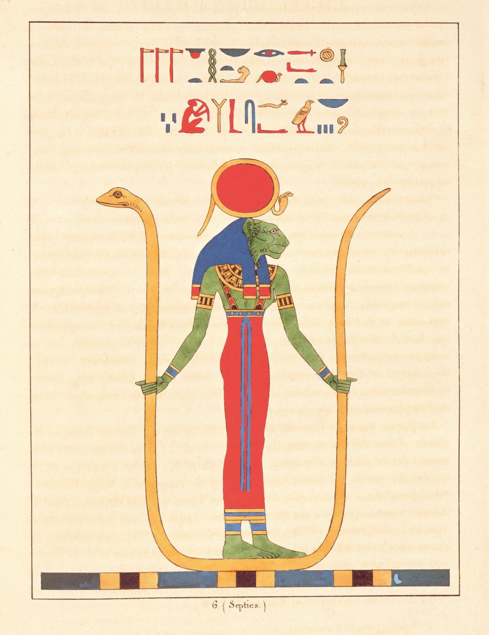 Bohyně Sekhmet, ilustrace z egyptského Pantheonu: sbírka des personnages mythologiques de lAncienne Egypte od Jean-Francoise Champolliona, vydaná 1823-25 od Leon Jean Joseph Dubois