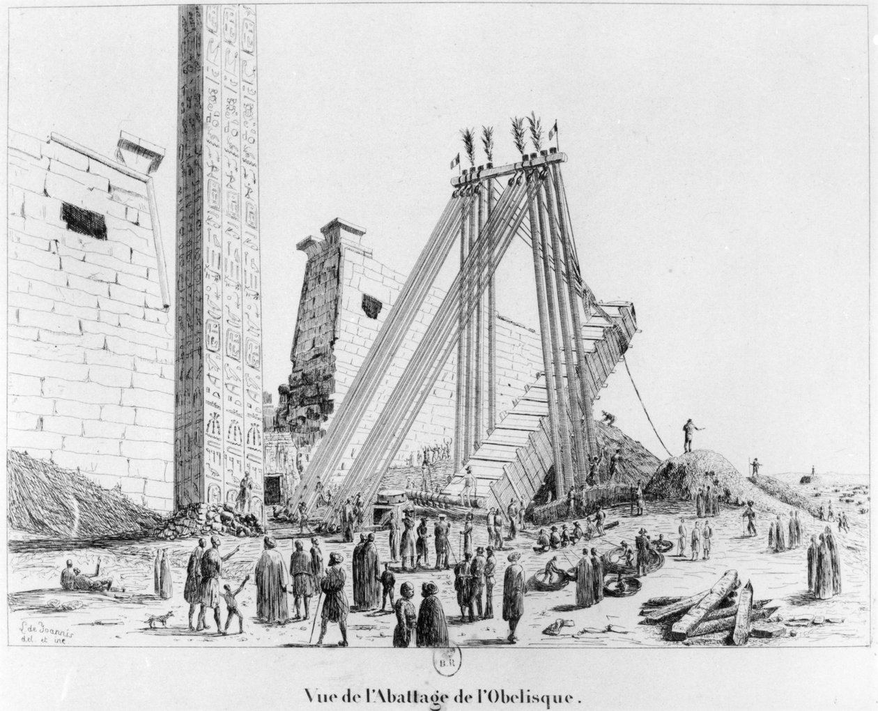 Stržení obelisku z luxorského chrámu, z Campagne Pittoresque de Luxor, 1835 od Leon de Joannis