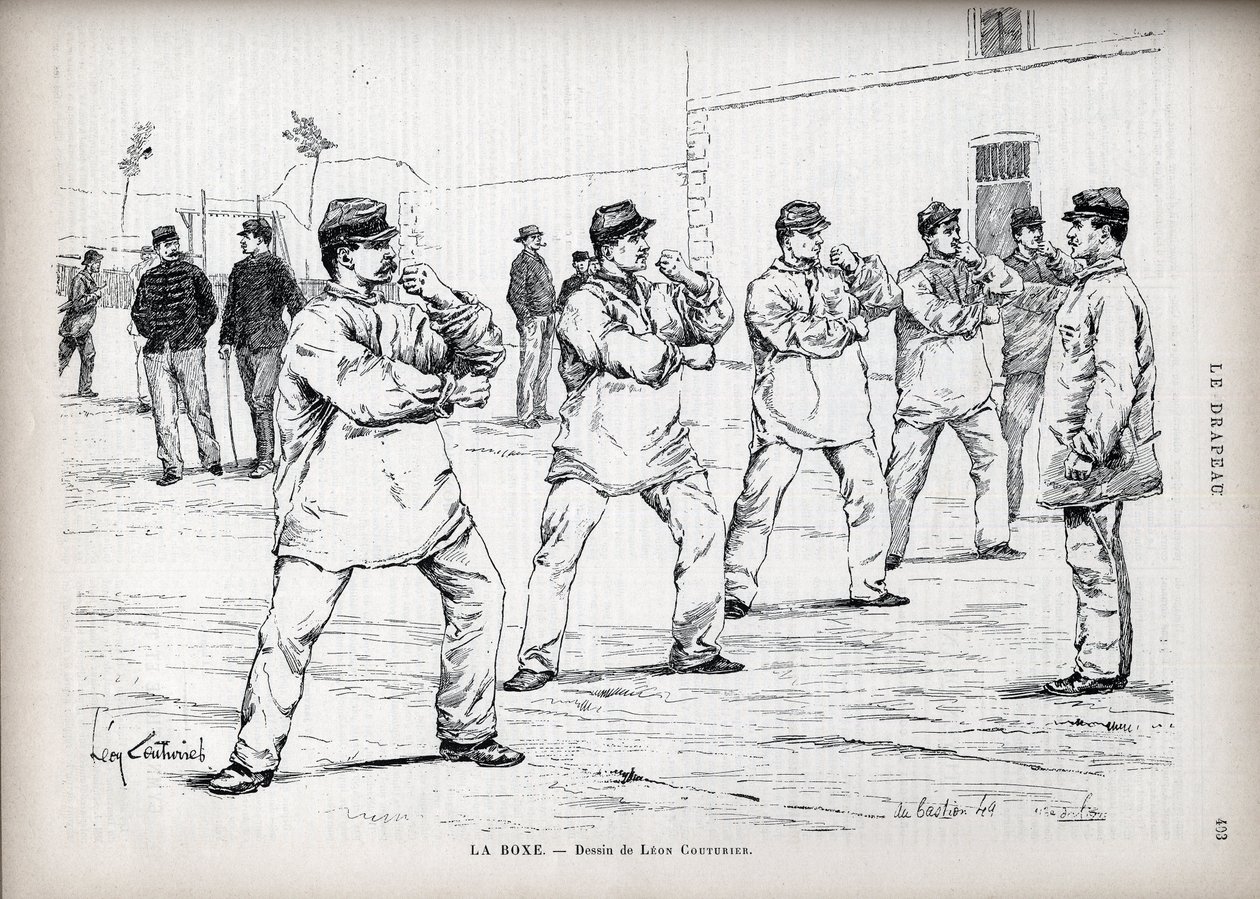 La Boxing – French Armees – kresba Leona Couturiera (1842-1935) – pro „“The Flag“ – Monitor Ligy vlastenců“ – 22. srpna od Leon Antoine Lucien Couturier