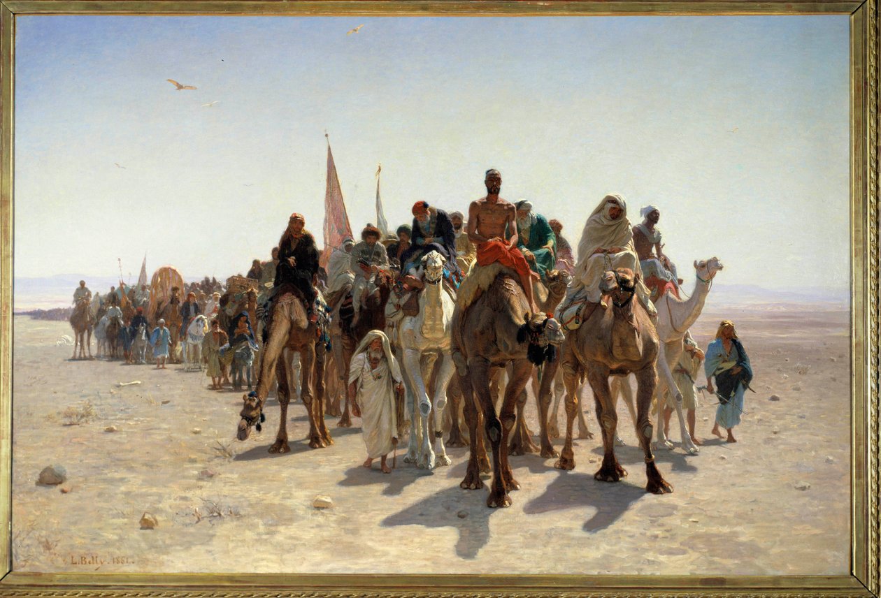 Peleriny mířící do Mekky Carvane od cestovatelů na velbloudech v poušti. Obraz Leon Auguste Adolphe Belly (1827-1877) 1861 Sun. 1,6x2,4 m Paříž, musee d