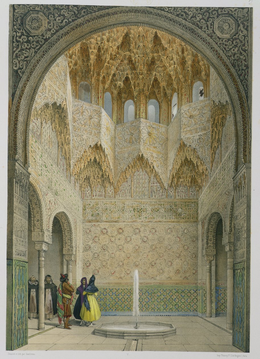 Síň Abencerrages, Alhambra, Granada, 1853 (barevné lito) od Leon Auguste Asselineau