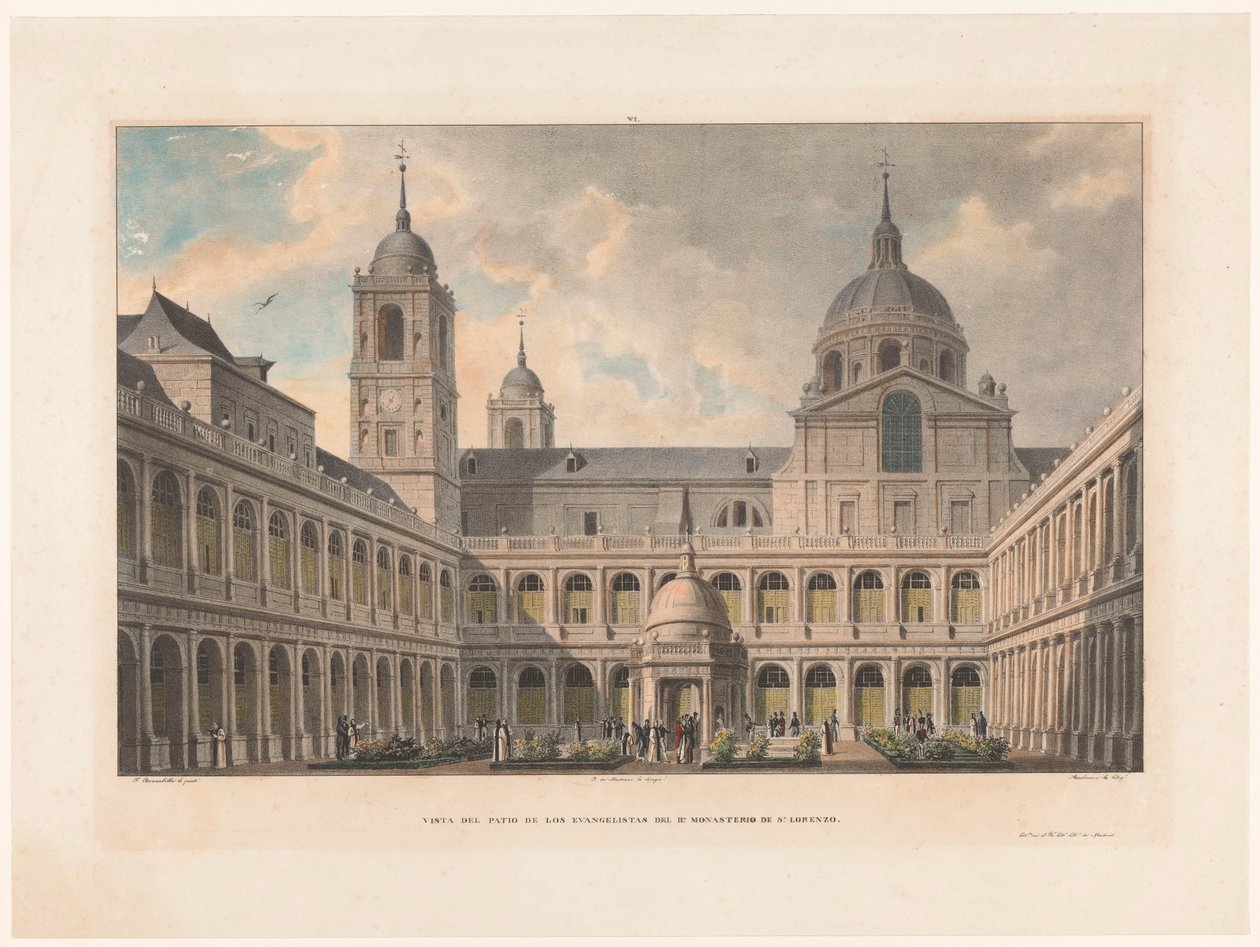 Zicht op de Courtyard evangelistů van het klášter San Lorenzo de El Escorial Pohled na nádvoří evangelistů R. kláštera S. Lorenzo (titul na objektu) od Leon Auguste Asselineau