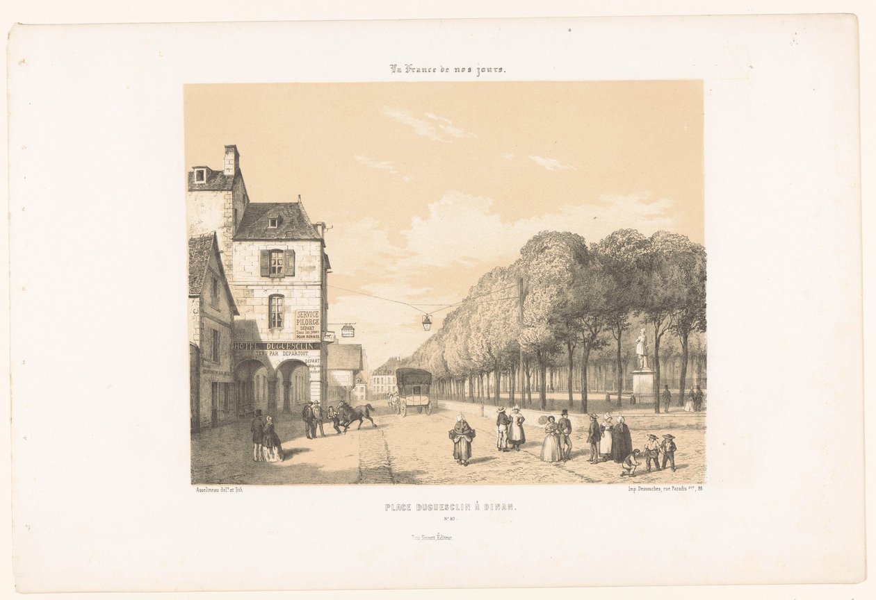 Vlak na náměstí Place du Guesclin v Dinanu Place Duguesclin à Dinan (název na objektu) Dnešní Francie (název seriálu) La France de nos jours (název série na objektu) od Leon Auguste Asselineau
